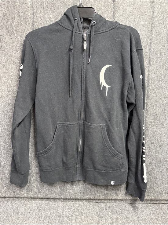 Black Cult Sweaters - Black Cult Zip-Front Hoodie with Crescent Graphic